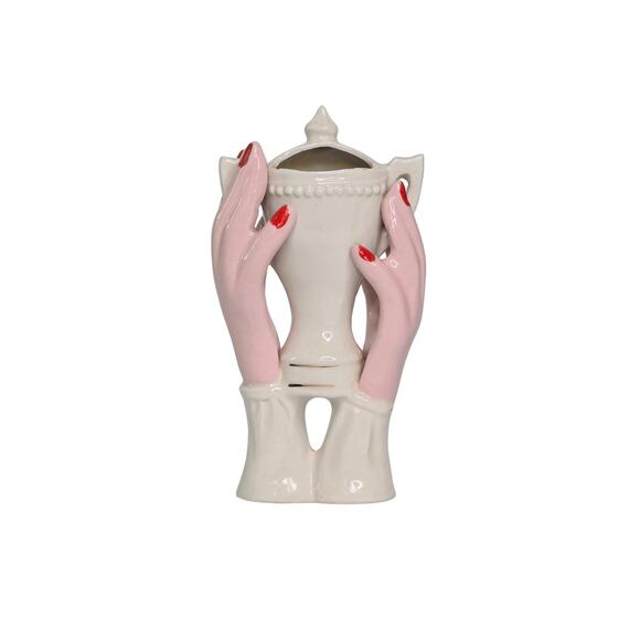 Vintage Hands Holding Vase Mid Century Ceramic, Hands with Red Painted Nails - Picture 2 of 10